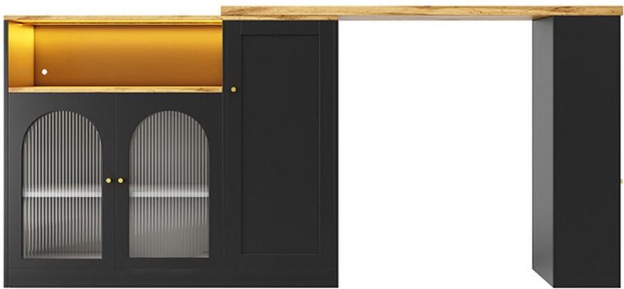 Bartafel met 360° draaibaar tafelblad multifunctionele tafel met instelbare LED-verlichting 2 open opbergvakken 2 deuren en 2 houten deuren met gedeeltelijk geribbeld gehard glas 198 x 39 6 x 97 cm zwart
