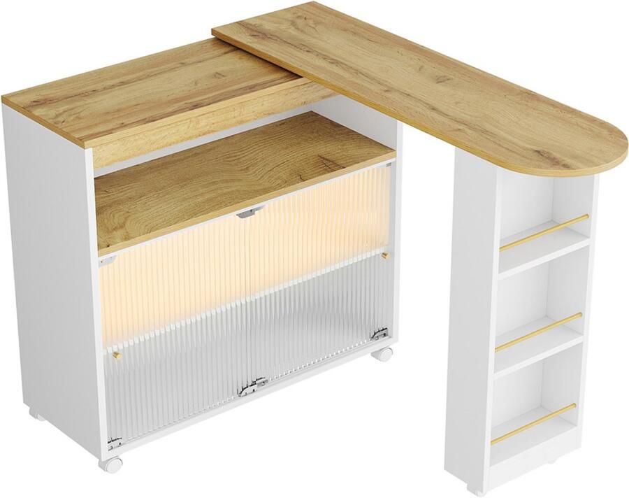 Bartafel met 360° draaibaar tafelblad verrijdbare multifunctionele tafel met LED-verlichting in meerdere kleuren 1 open vak snackschap en 2 schuifdeuren van getemperd glas met verticale strepen 138–204 × 39 × 105 cm wit