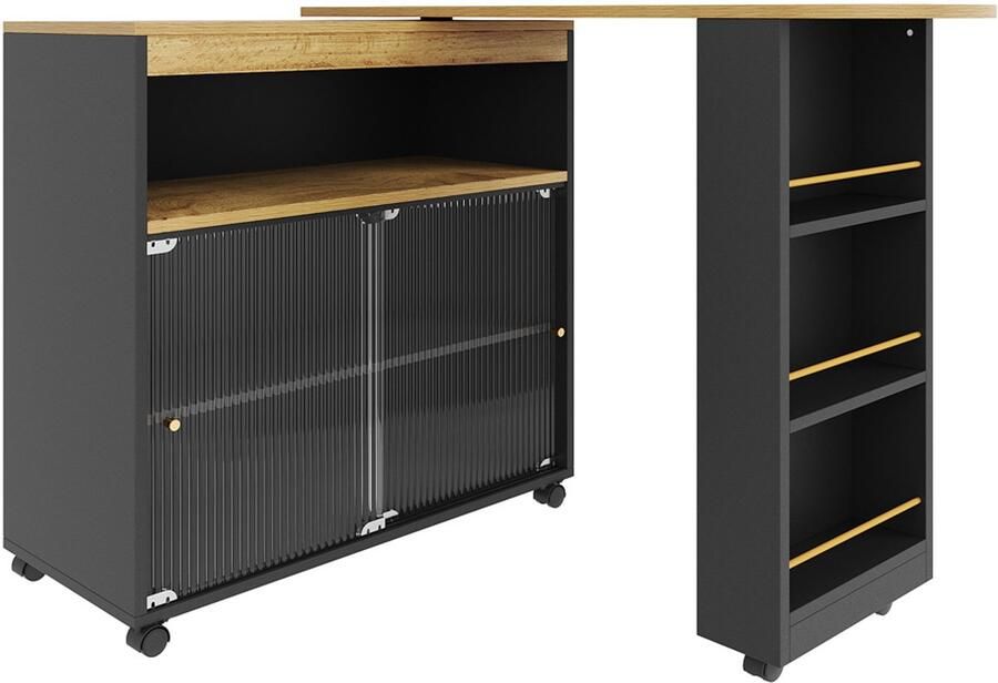 Bartafel met 360° draaibaar tafelblad verrijdbare multifunctionele tafel met LED-verlichting in meerdere kleuren 1 open vak snackschap en 2 schuifdeuren van getemperd glas met verticale strepen 138–204 × 39 × 105 cm zwart