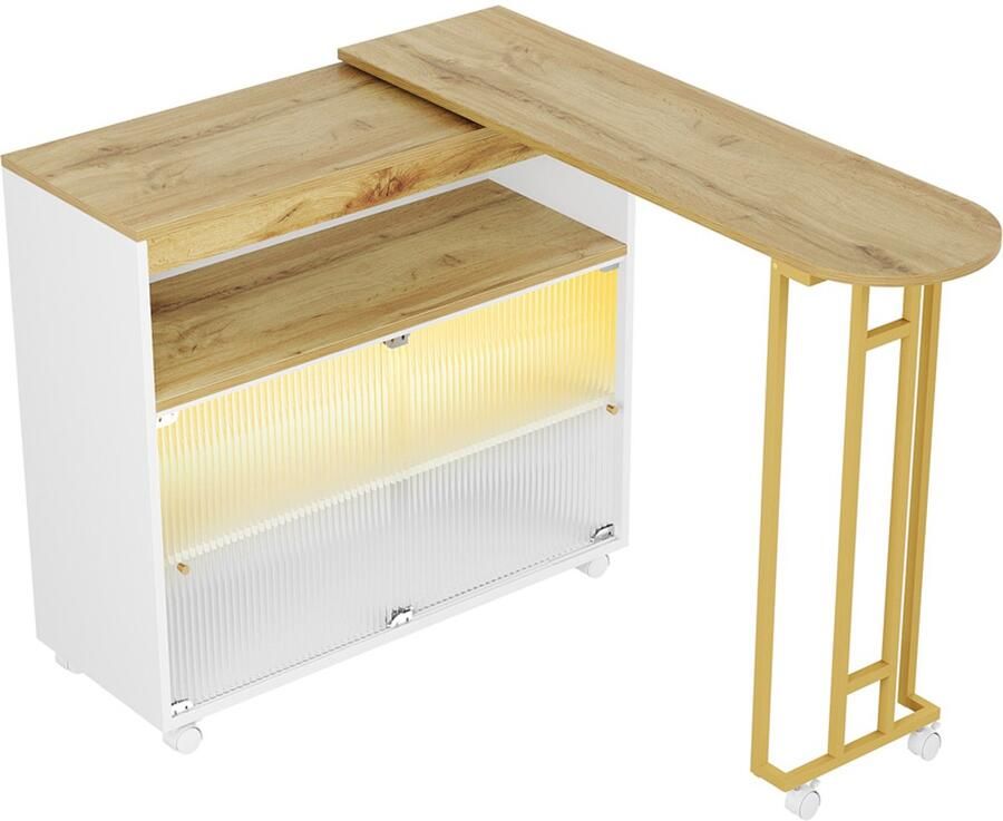 Bartafel met 360° draaibaar tafelblad verrijdbare multifunctionele tafel met LED-verlichting in veranderbare kleuren 1 open vak en 2 schuifdeuren van getemperd glas met verticale strepen 138–204 × 39 × 105 cm wit