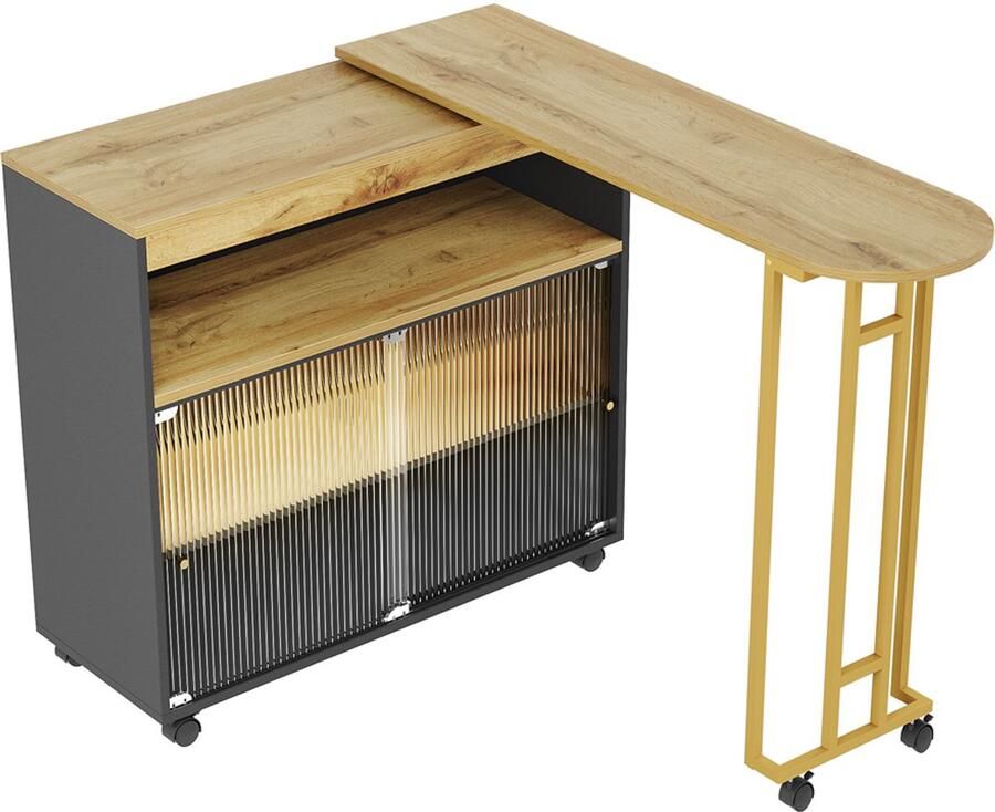 Bartafel met 360° draaibaar tafelblad verrijdbare multifunctionele tafel met LED-verlichting in veranderbare kleuren 1 open vak en 2 schuifdeuren van getemperd glas met verticale strepen 138–204 × 39 × 105 cm zwart