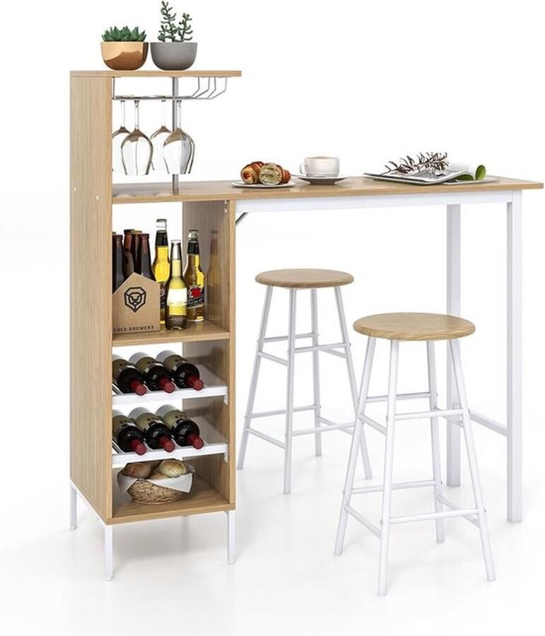 Bartafel met barkrukkenset 2-persoons bartafelset met houders voor wijnglazen en flessen keukenblad voor woonkamer eetkamer en keuken (natuurlijk)