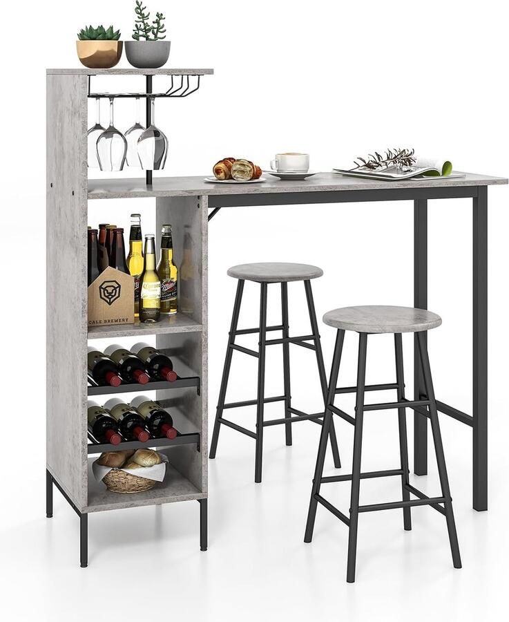 Bartafel met barkrukkenset 2-persoons bartafelset met houders voor wijnglazen en flessen keukenblad voor woonkamer eetkamer en keuken (grijs)