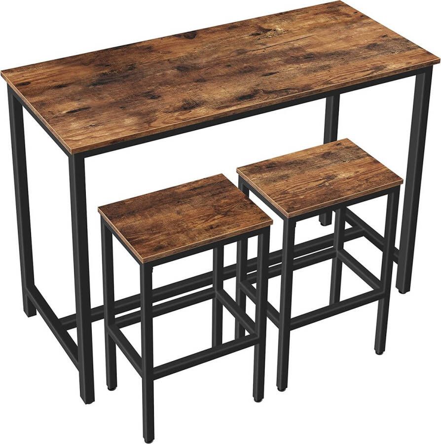 Furnibella a Bartafel set Kitchen Pub tafel en 2 Bar Krukken 3-Delige Ontbijt Eettafel set voor Keuken Woonkamer Eetkamer Stevig Metalen Frame Industrieel Rustiek Bruin