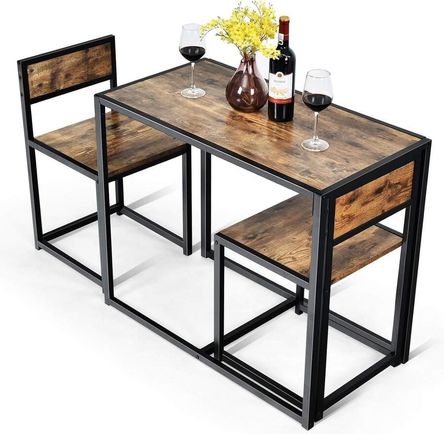 Bartafelset 3-delig eettafel met 2 stoelen kleine eetgroep met metalen frame keukenbar zitgroep keukentafel statafel hout bistrotafel voor keuken eetkamer en bistro (antiek)