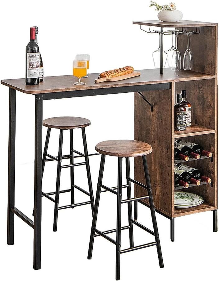 Bartafelset bartafel met 2 barkrukken eettafel statafel met wijnglashouder en plank keukentafel bistrotafel industrieel design statafel voor bar bistro en woonkamer (bruin)