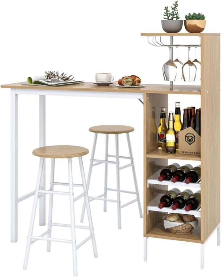 Bartafelset bartafel met 2 barkrukken eettafel statafel met wijnglashouder en plank keukentafel bistrotafel industrieel design statafel voor bar bistro en woonkamer (natuur)