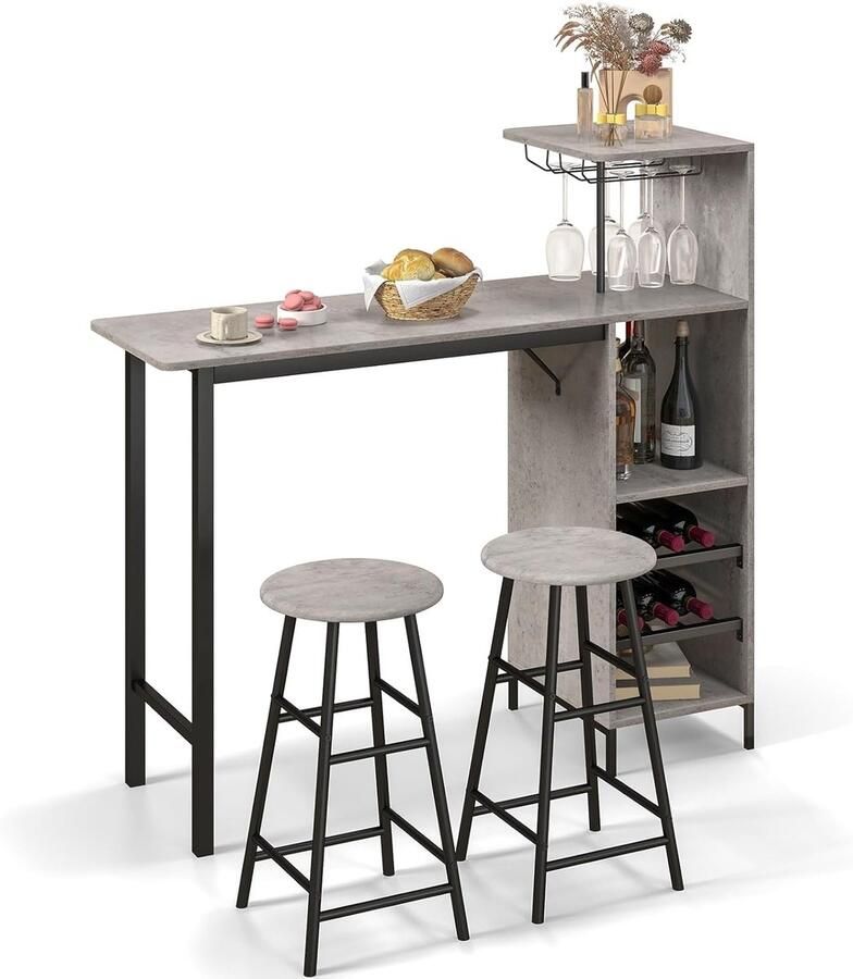 Bartafelset bartafel met 2 barkrukken eettafel statafel met wijnglashouder en plank keukentafel bistrotafel industrieel design statafel voor bar bistro en woonkamer (grijs)
