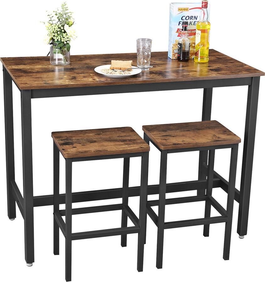 SIGNATURE HOME bartafelset hoge tafel met 2 barkrukken aanrecht met barkrukken keukentafel en keukenstoelen in industrieel design voor in de keuken -120 x 60 x 90 cm vintage bruin-zwart