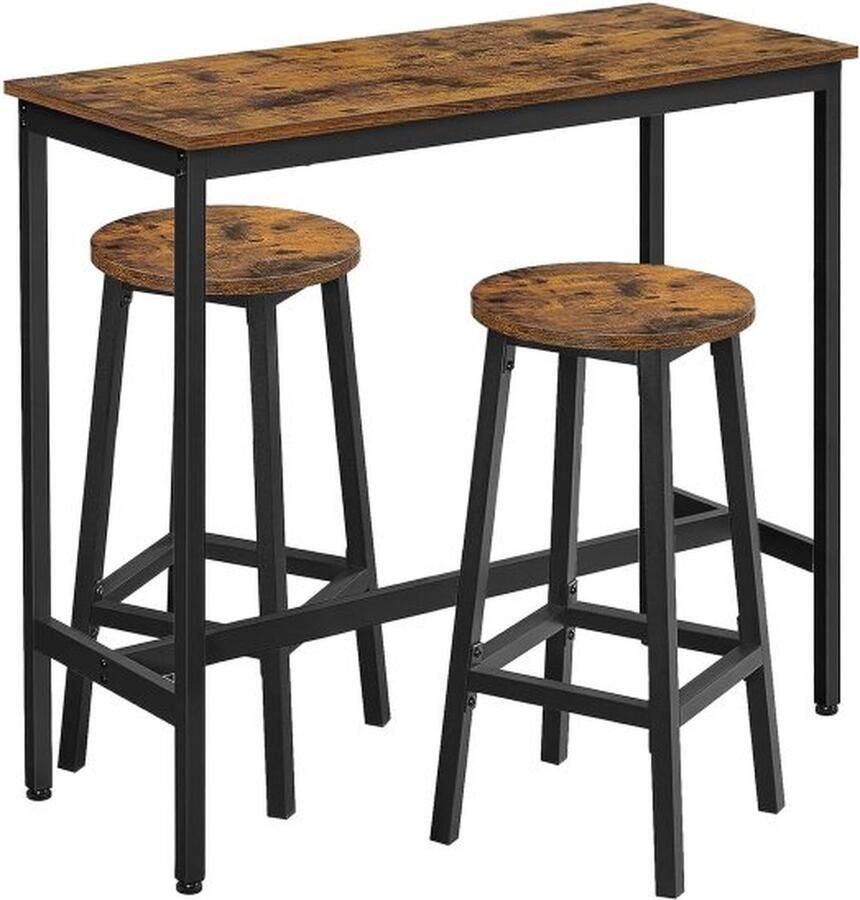 Bartafelset statafel met 2 barkrukken keukentafel en keukenstoelen in industrieel design voor keuken vintage bruin en zwart