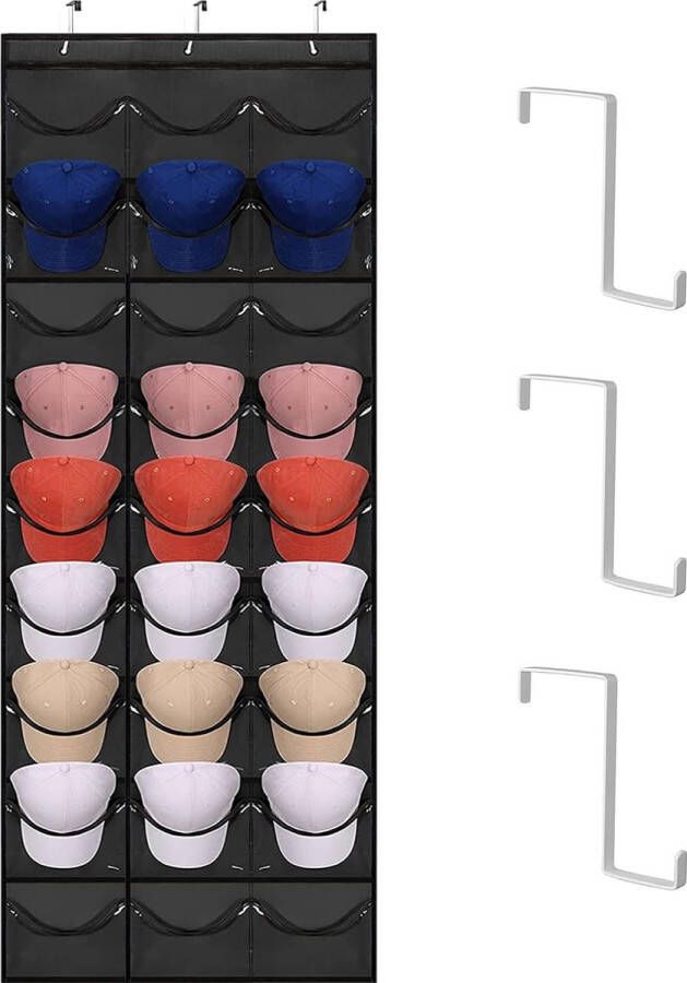 Baseball Cap Holder Foldable Cap Holder Wall with 27 Pockets Door Back Wall Cap Holder with 3 Metal Hooks Cap Hat Holder Wall