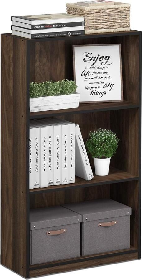Basic boekenkast met 3 vakken opbergrek hout Columbia Walnoot zwart 23 5 x 55 25 x 100 33 cm
