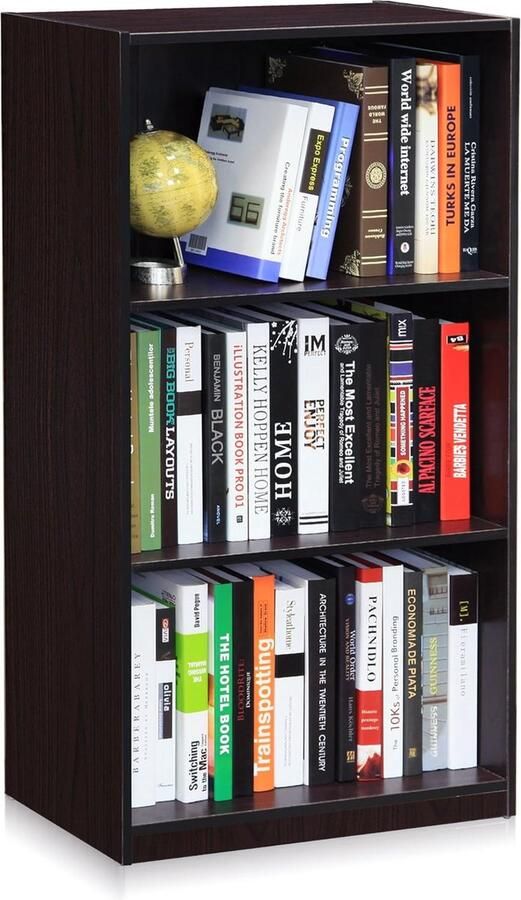 Basic boekenkast met 3 vakken opbergrek hout donker walnoot 23 5 x 55 25 x 100 33 cm
