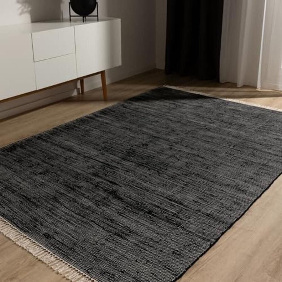 Basic Katoenen Vloerkleed Zwart 200x300cm Handgeweven 100% Gerecycled Katoen Geschikt voor Vloerverwarming