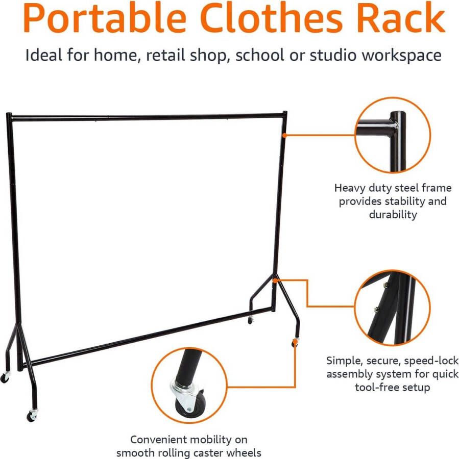 Basics Heavy-duty rollend kledingrek hangende kledingorganizer met rail voor weergave en opslag 183 x 152 cm zwart