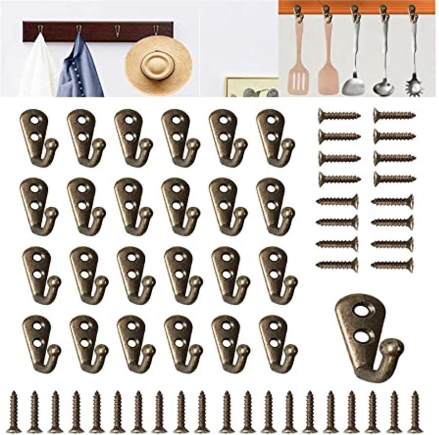 Bateya Set van 30 wandhaken vintage enkele haken mini-jashaken kapstokhaken met 60 schroeven metalen kapstokhaken voor badkamer kapstokhaken antieke bronzen haken