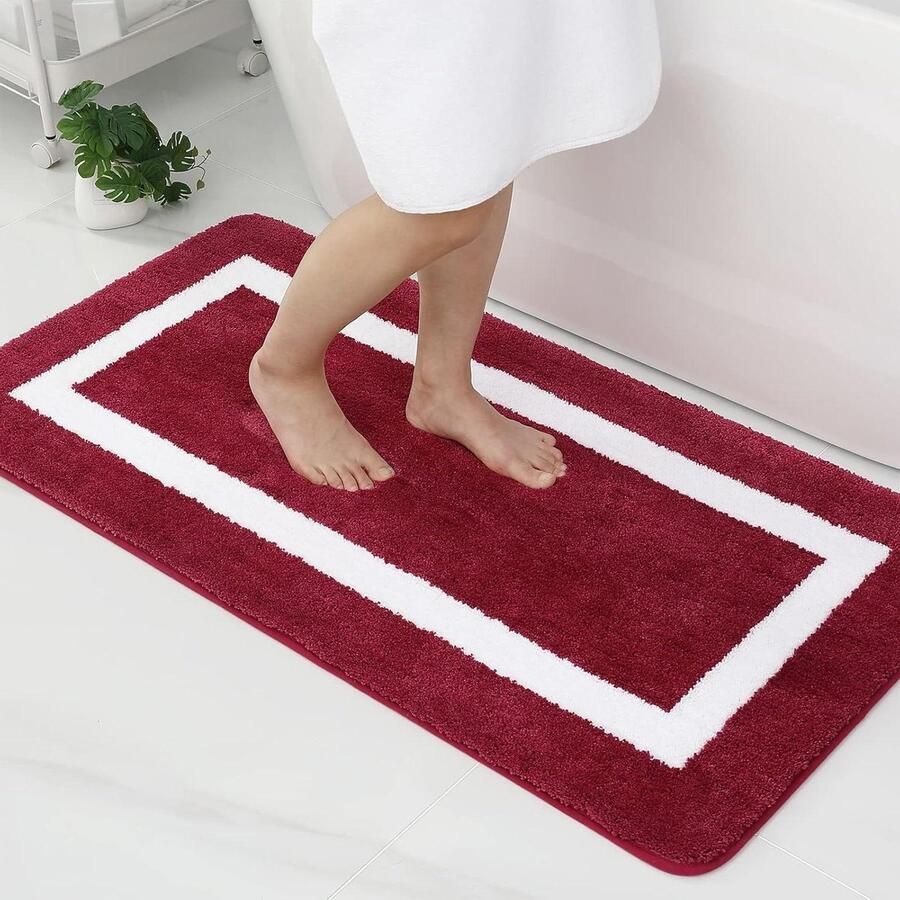 Bathroom Rug Non-Slip Washable Soft Microfiber High Pile Bath Mat Wine Red Large Size 60 x 120 cm