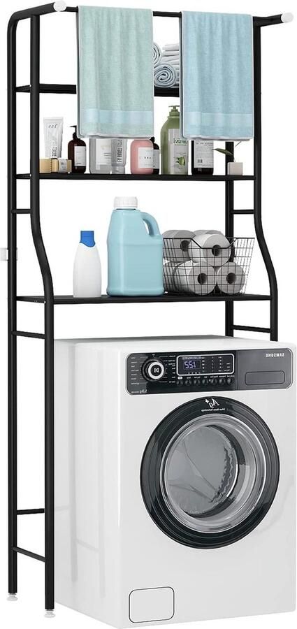 Bathroom Space Saver Shelf with Hanging Rod and 3 Shelves Storage Organizer Black