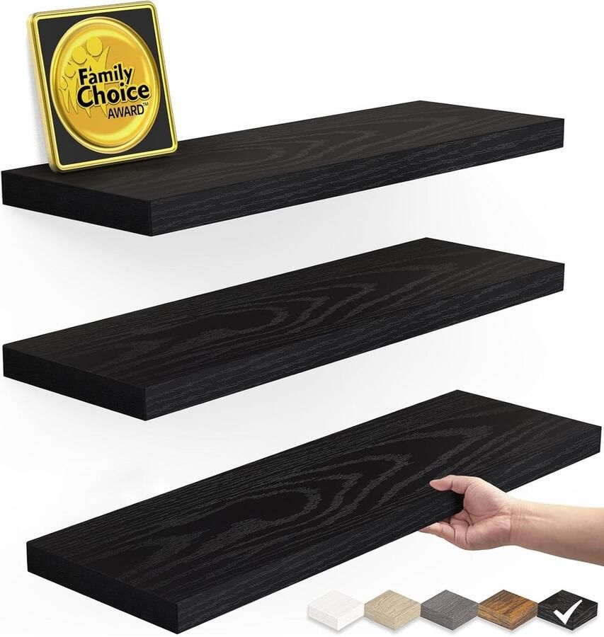 BAYKA Zwevende Wandplanken – Rustieke Houten Wandplanken voor Badkamer Slaapkamer Woonkamer en Keuken – Hangplanken voor Boeken Opbergen Kamerdecoratie – Draagkracht tot 10 kg – (Zwart Set van 3 40 cm)