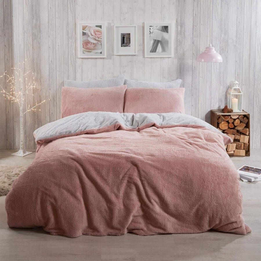 BDHSTREGB01 Omkeerbaar dekbedovertrek van teddyfleece met kussensloop superzacht wollig warm dekbedovertrekset sherpa roze (blush pink) grijs eenpersoonsbed