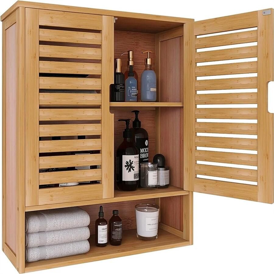 Bealive Badkamer Meubel Keuken kast Bamboe 2 Laags Verstelbare planken Klap deuren Wand gemonteerd 59 x 20 5 x 66.5 CM