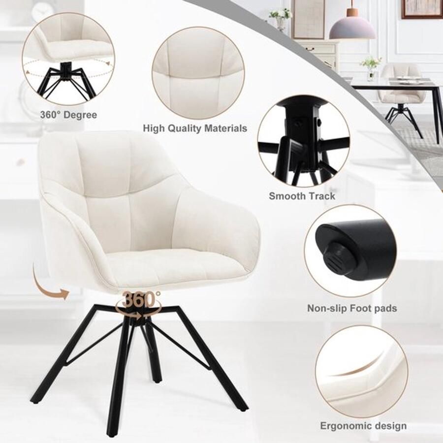 Bealive Draaibare eetkamer stoelen Set van 2 Anti slip Comfortabel Velvet Gestoffeerd Arm en rug leuning 58.5 x 54.5 x 82.5 cm