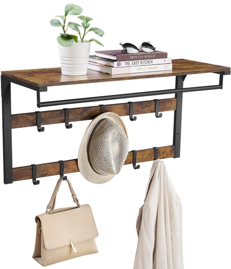 Bealive Kapstok muur Garderobe meubel Wand gemonteerd 10x Haken Inclusief Plank Inclusief Stang Industrieel Hout Metaal 80 x 42 x 30 cm