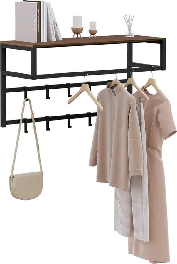 Bealive Kapstok muur Garderobe meubel Wand gemonteerd Haken Plank Industrieel Hout Metaal 80 x 41 x 30 cm