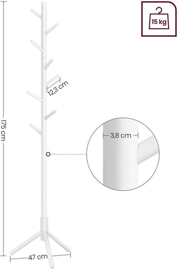 Bealive Kapstok Staand Garderobe Rek Massief Verstelbaar Compact 8 Haken Wit Hout 2 KG 47 x 47 x 175 cm