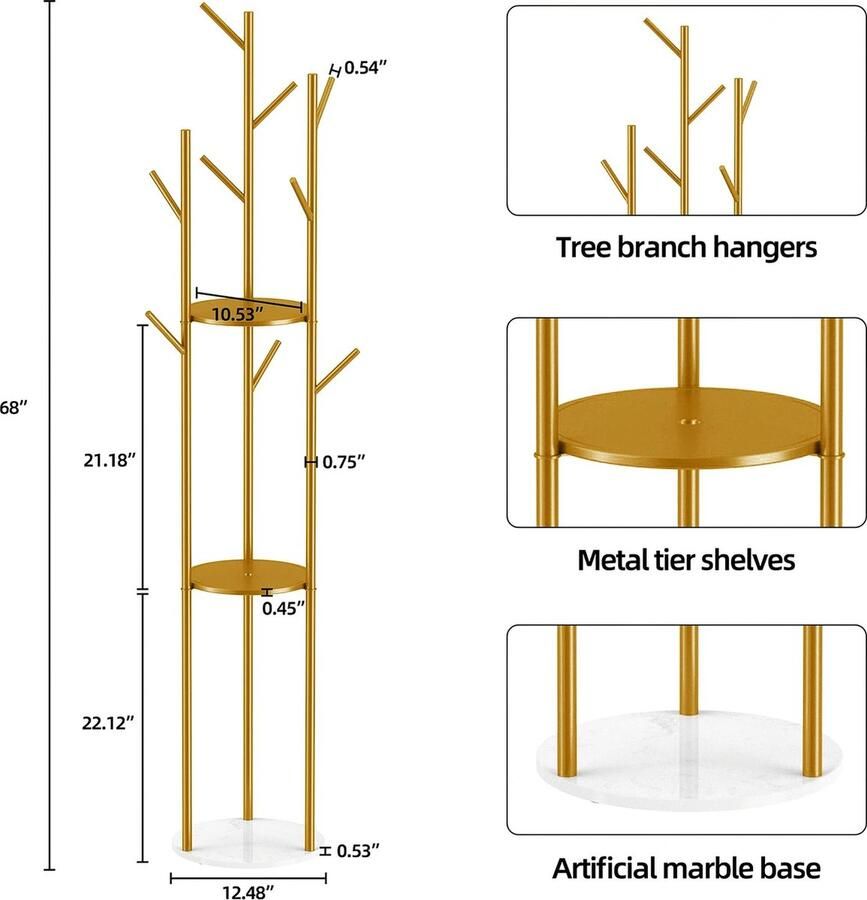 Bealive Kapstok standaard Kleding rek Garderobe Metaal Goud met marmer 9 haken 2 planken 5.95 kg 172.5 cm hoog