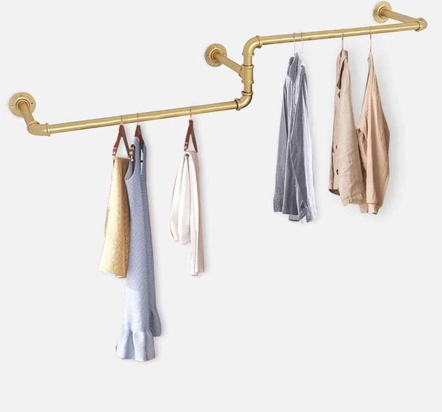 Bealive Kledingrek Garderobe stang Metaal Goud gekleurd Wand montage Industriële stijl Ijzer 180 x 25 x 19 cm