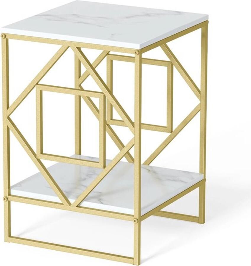 Bealive Nachtkastje Bijzettafel 2 laags wit goud Marmer blad Luux Modern Opbergruimte Meubel 40 x 40 x 58.5