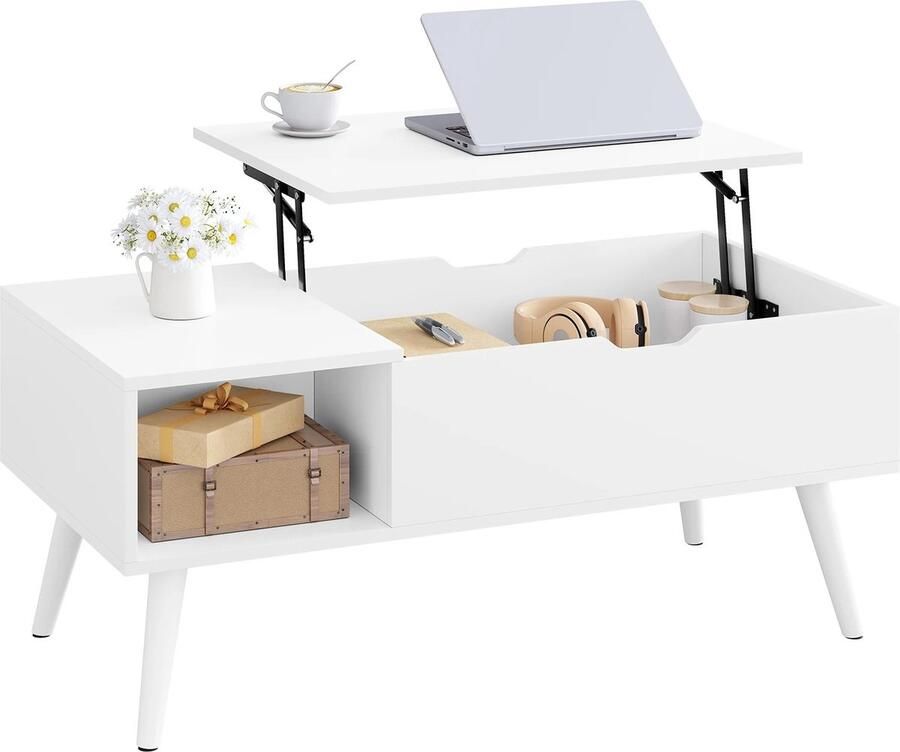 Bealive Salontafel 2 in 1 Hefbaar blad Hoogte verstelbaar Inclusief opbergruimte Wit Hout 100 x 43 x 50 cm Handig voor eten of werken bij de TV