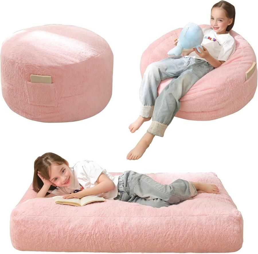 Bean Bag Bed Convert from Bean Bag to Bed Foam Sofa with Shaggy Cover and Fluffy Filling for Children Teenagers and Guests Pink 130 x 90 cm