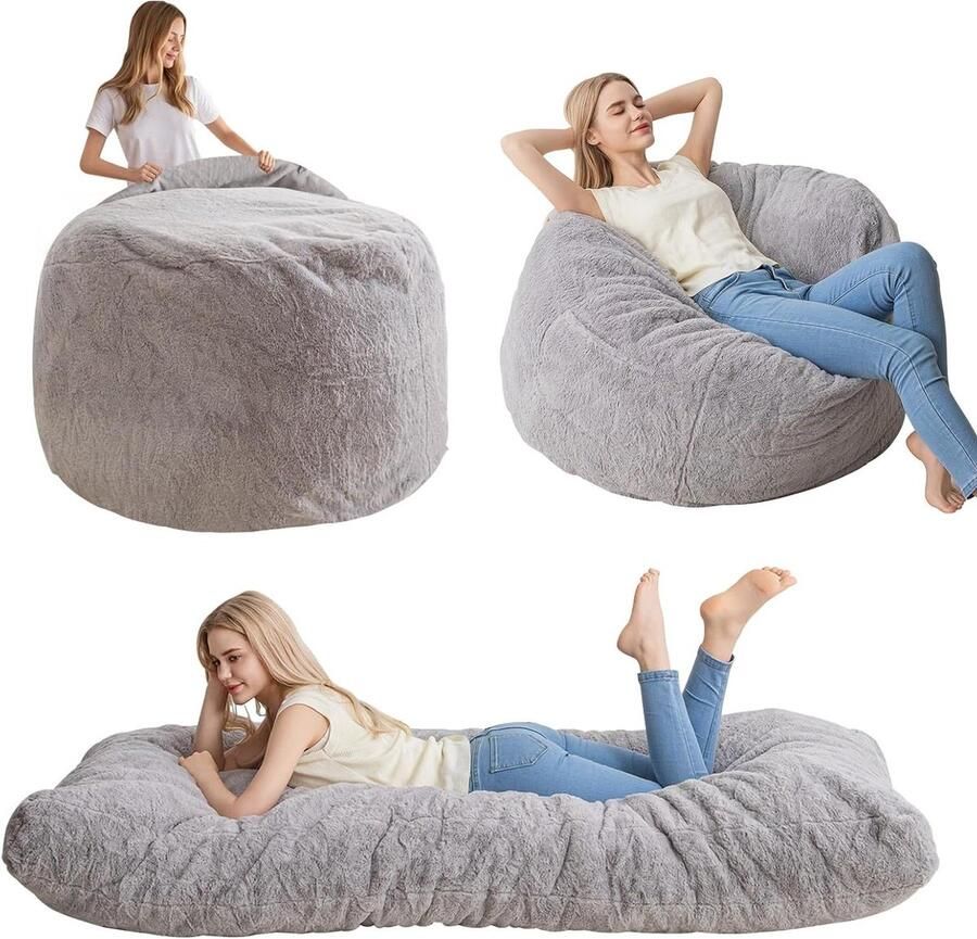 Bean Bag Bed Convertible to Bed Foam Sofa with Shaggy Cover and Fluffy Filling Included for Adults Youth Guests (Grey Single Bed)