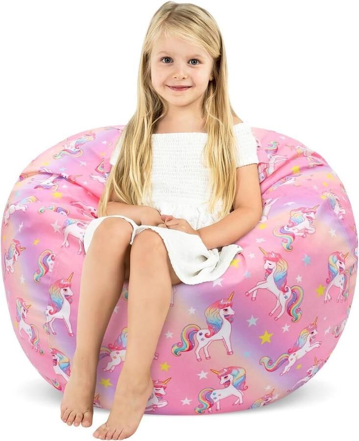 Bean Bag Chair for Kids Stuffed Animal Storage Toddler Toy Organizer Cartoon Unicorn Design 32 Cover (No Filler)