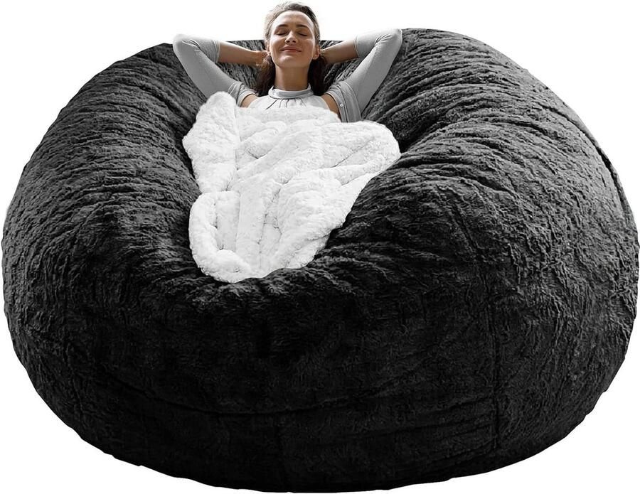Bean Bag Stoelhoes (enkel één hoes geen volledige bean bag) Stoelkussen Groot Rond Zacht Pluizig PV Fluweel Wasbare Luie Bank Bedhoes Woonkamermeubilair 6 ft 180 cm Zwart