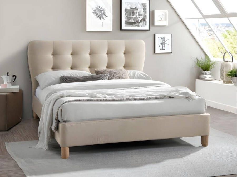 Vente-unique Bed 140 x 190 cm met gecapitonneerd hoofdbord Stof Beige + matras ELIDE L 163 cm x H 102 cm x D 206.5 cm - Foto 1