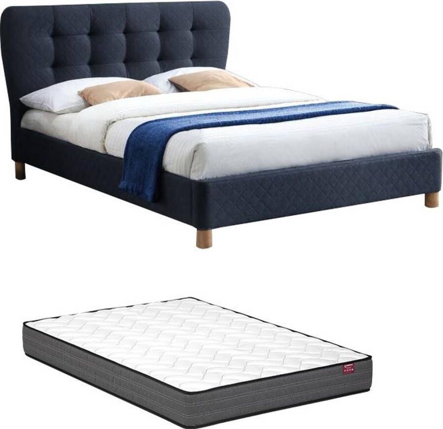 Bed 140 x 190 cm met gecapitonneerd hoofdbord Stof Blauw + matras ELIDE L 163 cm x H 102 cm x D 206.5 cm