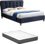 Bed 140 x 190 cm met gecapitonneerd hoofdbord Stof Blauw + matras ELIDE L 163 cm x H 102 cm x D 206.5 cm - Thumbnail 3