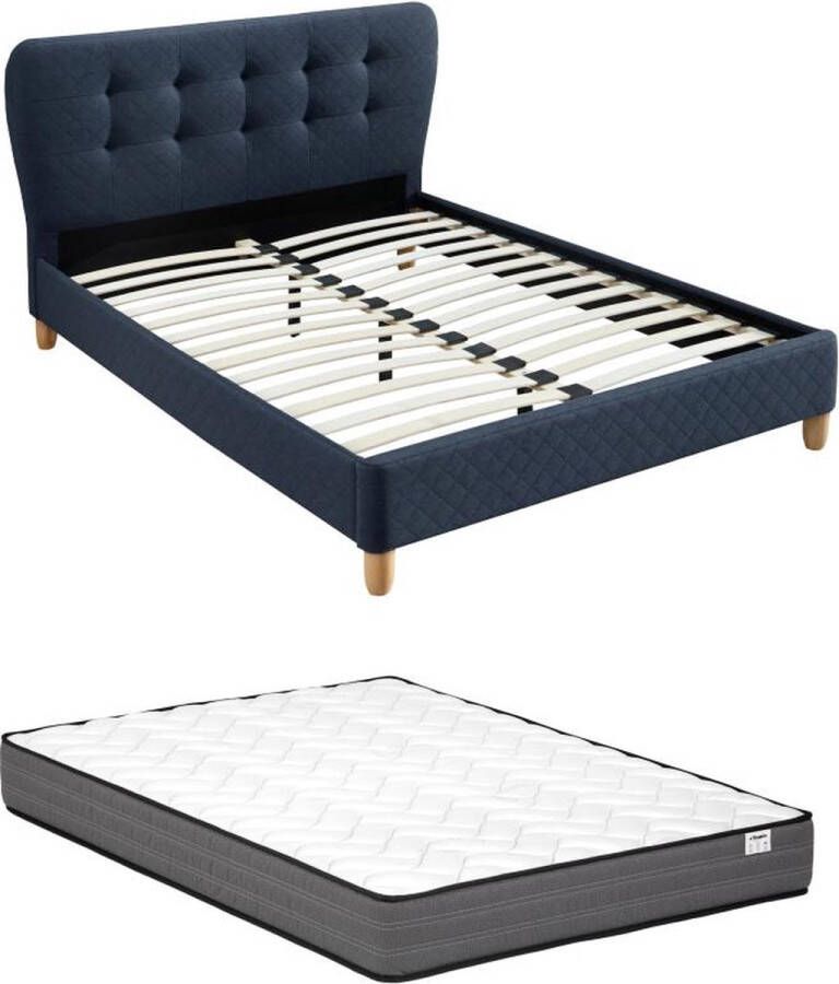 Bed 140 x 190 cm met gecapitonneerd hoofdbord Stof Blauw + matras ELIDE L 163 cm x H 102 cm x D 206.5 cm