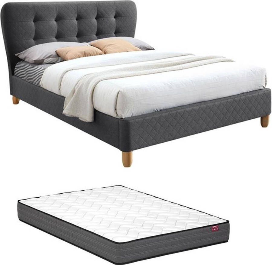 Vente-unique Bed 140 x 190 cm met gecapitonneerd hoofdbord Stof Grijs + matras ELIDE L 163 cm x H 102 cm x D 206.5 cm - Foto 1