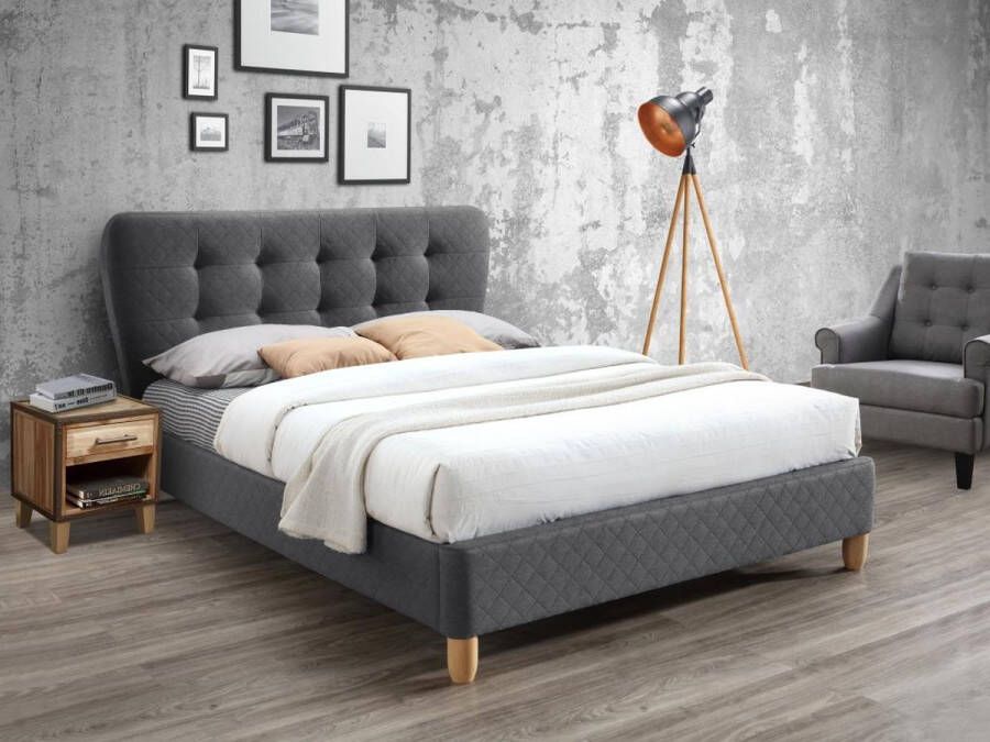 Vente-unique Bed 140 x 190 cm met gecapitonneerd hoofdbord Stof Grijs + matras ELIDE L 163 cm x H 102 cm x D 206.5 cm - Foto 2