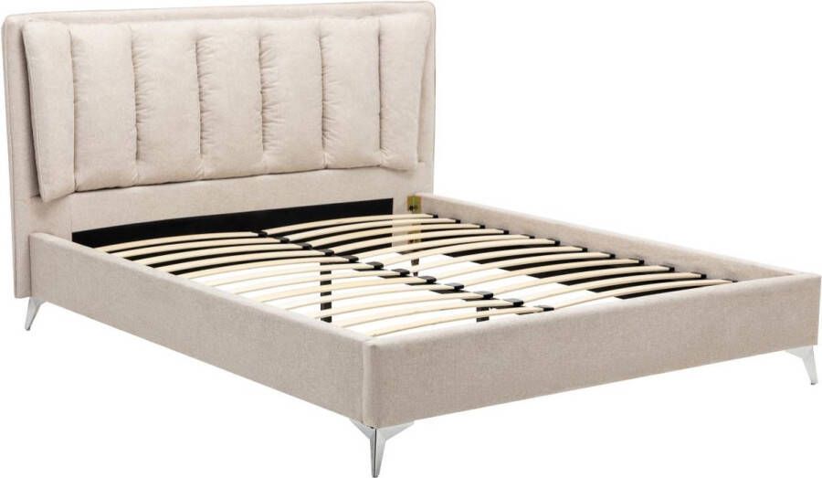 Bed 140 x 190 cm met gewatteerd hoofdbord Stof Beige FUNITI L 164 cm x H 112 cm x D 220.5 cm