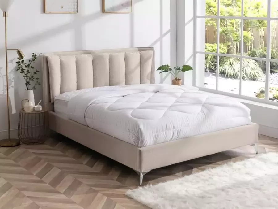 Bed 140 x 190 cm met gewatteerd hoofdbord Stof Beige FUNITI L 164 cm x H 112 cm x D 220.5 cm