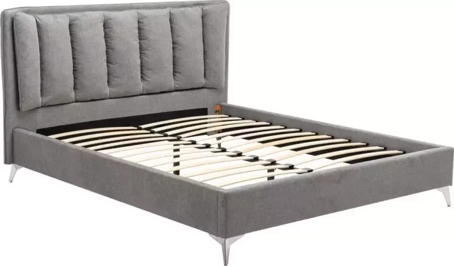 Bed 140 x 190 cm met gewatteerd hoofdbord Stof Grijs FUNITI L 164 cm x H 112 cm x D 220.5 cm - Foto 2