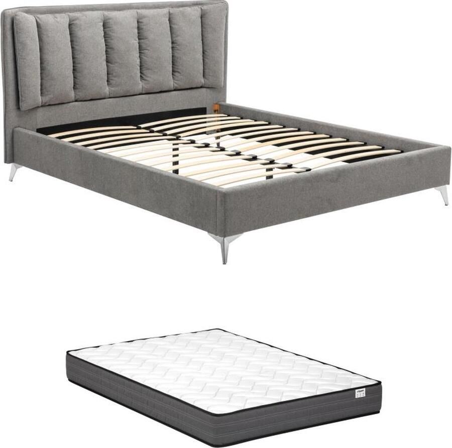 Bed 160 x 200 cm met gewatteerd hoofdbord Stof Grijs + matras FUNITI L 200 cm x H 112 cm x D 231.5 cm