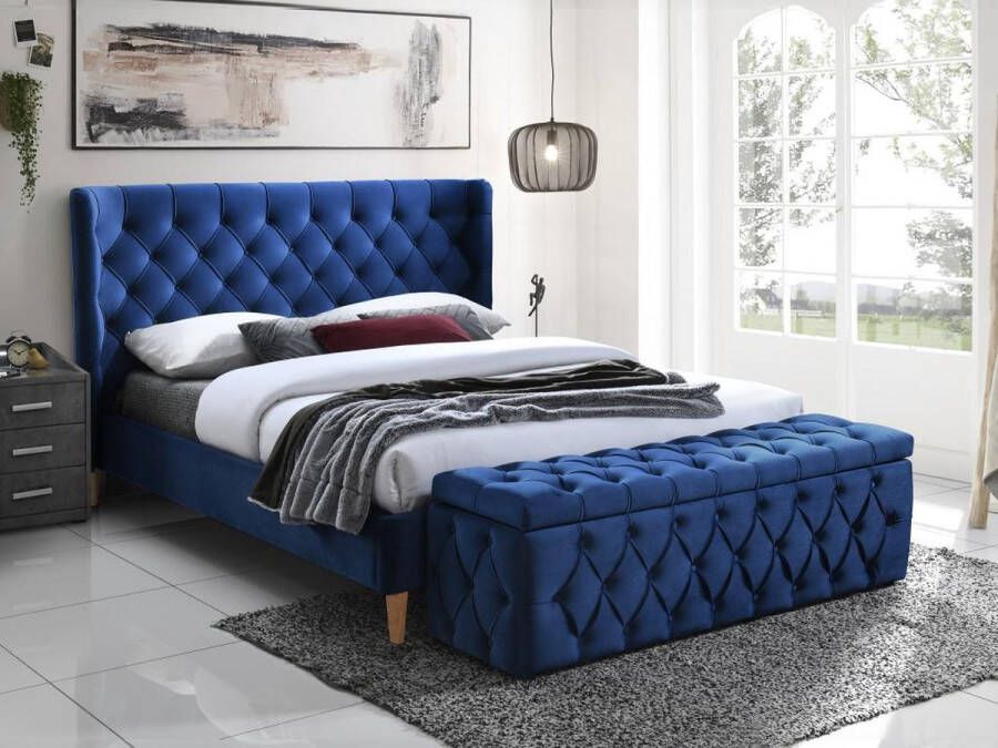 Bed 140 x 190 cm met hoofdbord met capitonnage Velours Koningsblauw + dekenkist ENODI L 168.5 cm x H 120.5 cm x D 210.5 cm - Foto 1