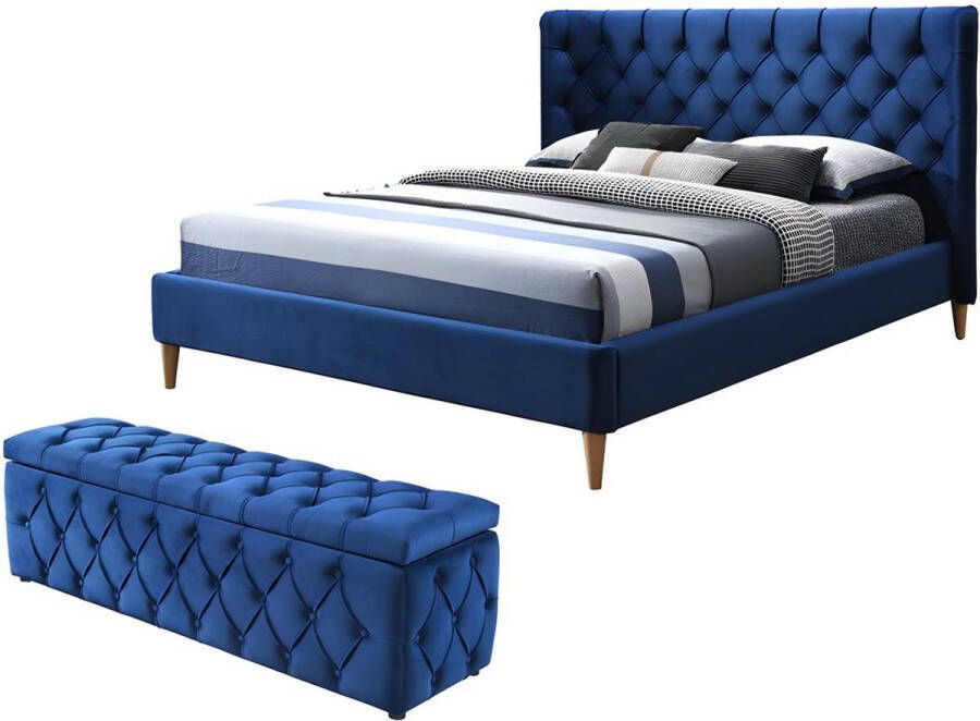 Bed 140 x 190 cm met hoofdbord met capitonnage Velours Koningsblauw + dekenkist ENODI L 168.5 cm x H 120.5 cm x D 210.5 cm