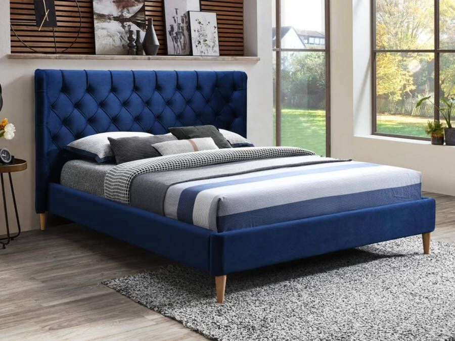 Bed 140 x 190 cm met hoofdbord met capitonnage Velours Koningsblauw + matras ENODI L 168.5 cm x H 120.5 cm x D 210.5 cm